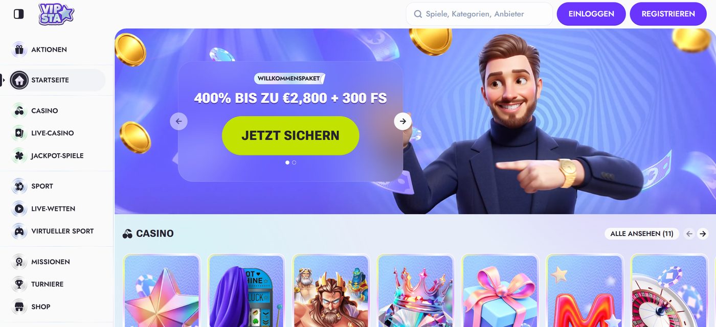 Lobby von VipSta Casino mit Willkommenspaket 400 % bis zu 2.800 € und 300 Freispielen